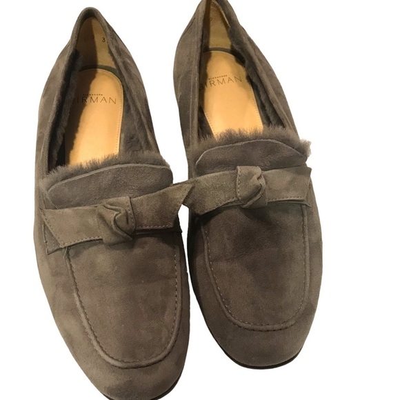 Alexandre Bramin Becky Palo Gray Suede Fur Trim Knot Bow Loafers 36.5/ 6 US - Picture 1 of 8